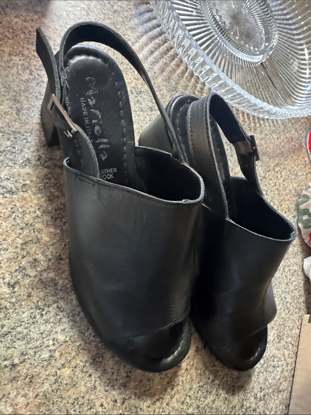 Ariella Black Leather Slingback Peep-Toe Heels